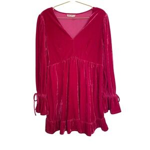 New In Velvet Babydoll Dress Medium Pink V Neck Long Sleeve Ruffle Hem